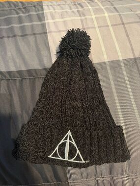 Black Pom Pom Beanie with Deathly Hallows Harry Potter